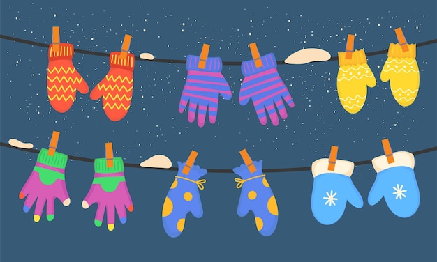 Hanging winter pair gloves and winter cartoon clothing for laundry Cartoon mitten clothes vector