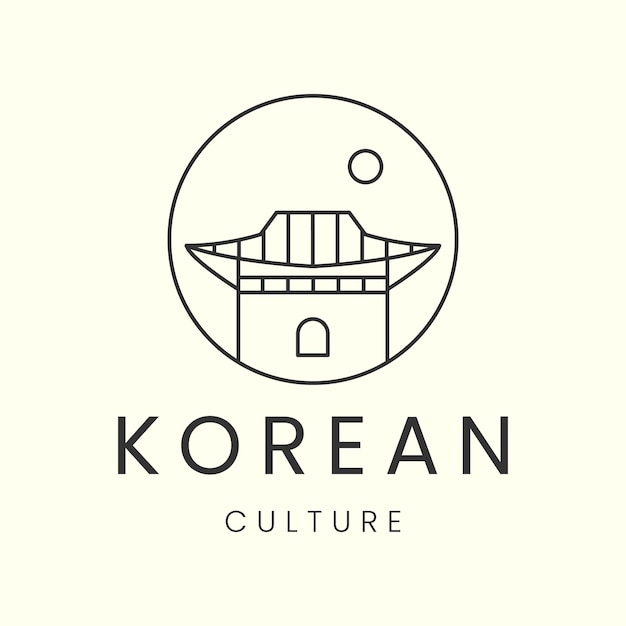 Hanok house with emblem line art vector logo illustration design traditional korean architecture