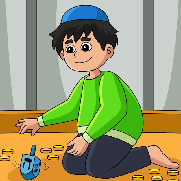 Hanukkah Boy Playing Dreidel Colored Cartoon