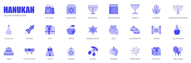 Hanukkah concept of web icons set in simple flat design Pack of bag gift firework menorah torah book goblet hamesh olive oil petard candle and other Vector blue pictograms for mobile app