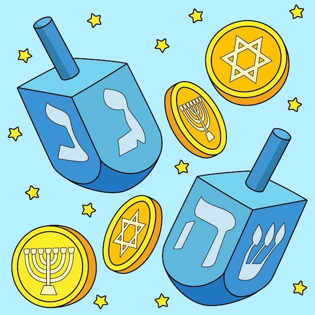 Hanukkah Dreidel and Coins Colored Cartoon