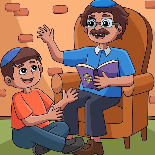 Hanukkah Grandfather Tells Stories Colored Cartoon