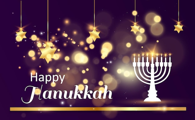 Hanukkah greeting card on a beautiful background with stars of David and an Israeli candlestick