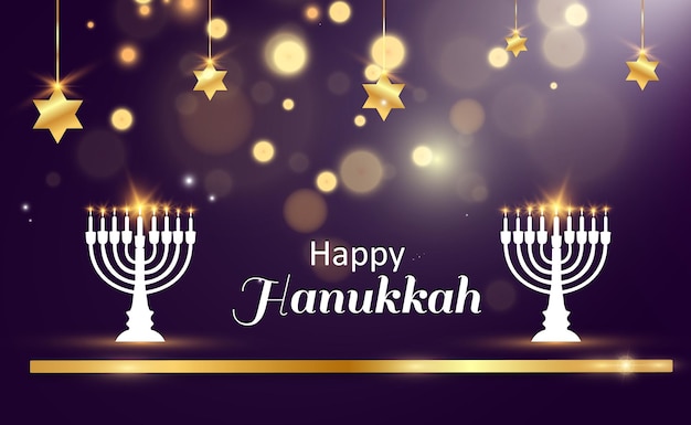 Hanukkah greeting card on a beautiful background with stars of David and an Israeli candlestick