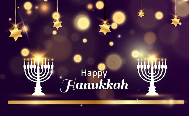 Hanukkah greeting card on a beautiful background with stars of David and an Israeli candlestick