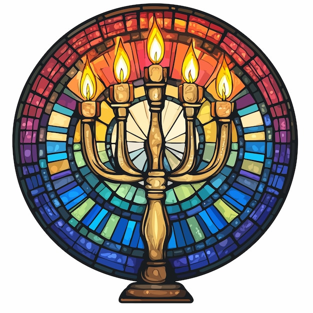 Vector hanukkah menorah emblem with colored stained glass