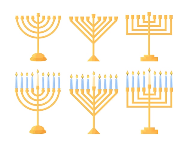 Hanukkah menorah isolated Vector set of traditional Jewish holiday symbol Chanukiahs different shape