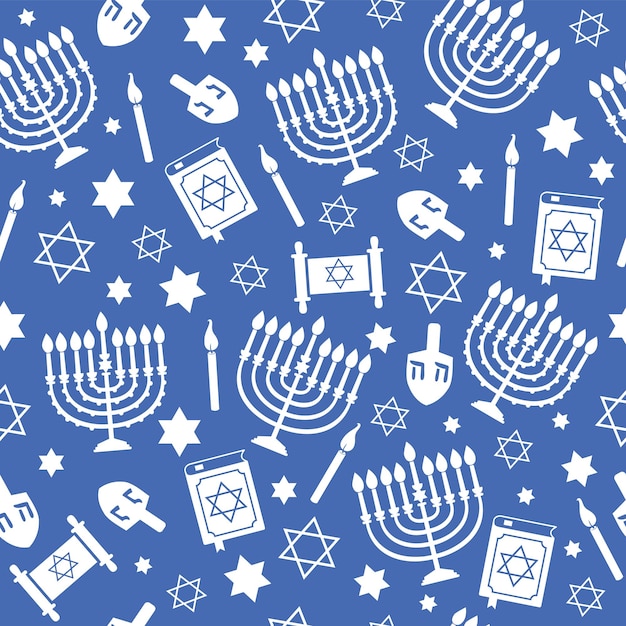 Hanukkah seamless pattern with menorah dreidel candles star of david jewish holiday blue texture bac