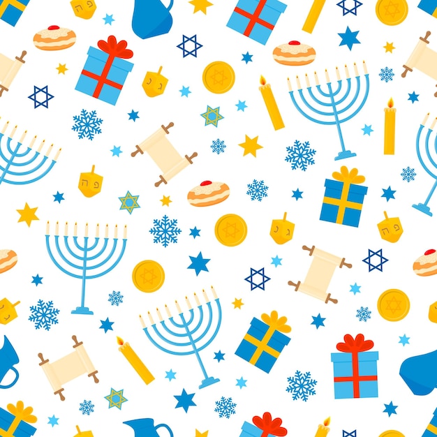 Hanukkah seamless pattern with traditional Jewish symbols dreidel Menorah candle jar star of david etc Jewish vector background Template for greeting card fabric textile scrapbooking etc