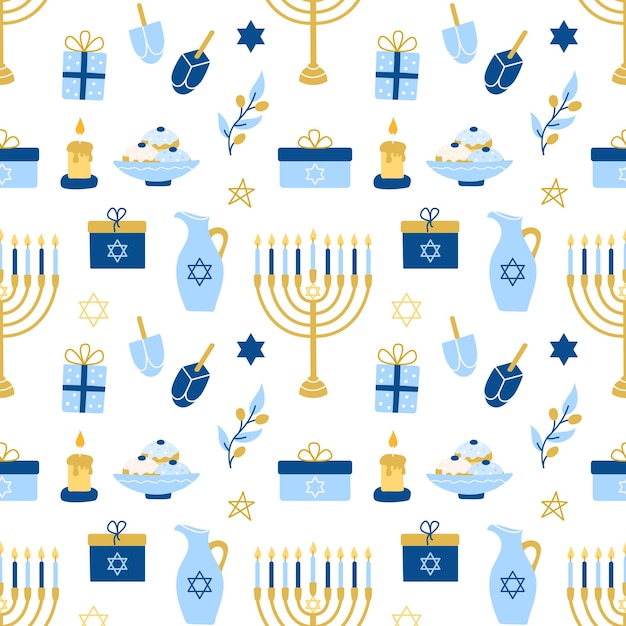 Vector hanukkah vector seamless pattern various object of jewish festival of lights in flat style