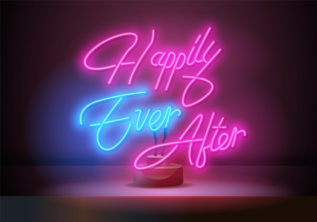 Happily Ever After neon sign Vector Text. Light icon. Burning a pointer to a black wall in a club, bar or cafe. Vector illustration