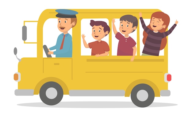 Happines Kids go to school by bus concept illustration