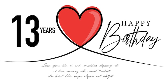 Happy 13th birthday card vector template with lovely heart shape.