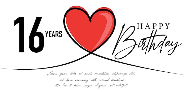 Happy 16th birthday card vector template with lovely heart shape.