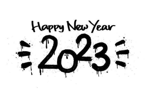 Happy 2023 New Year Spray painted graffiti in black over white Drops of sprayed happy new year words isolated on white background vector illustration