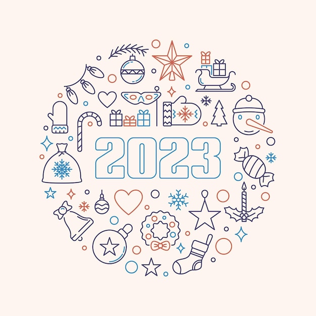 Happy 2023 New Year vector round outline banner