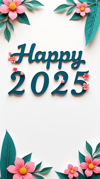 Vector happy 2025 new year card with vibrant papercut flowers and leaves