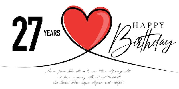 Happy 27th birthday card vector template with lovely heart shape.