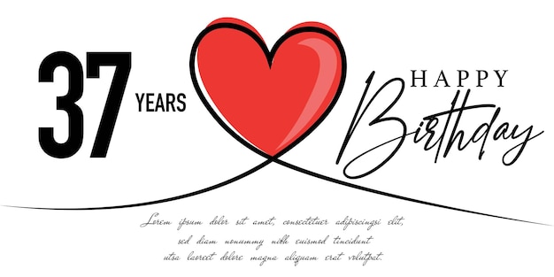 Happy 37th birthday card vector template with lovely heart shape.