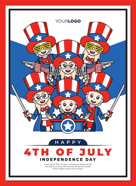 Happy 4th independence day of united states america poster template with cute cartoon character of uncle sam mascot