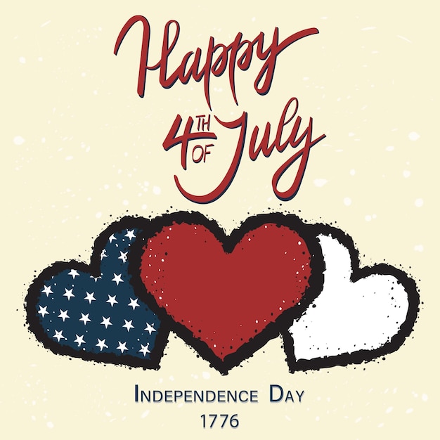 Happy 4th of July greeting card with three hearts in United States national flag colors