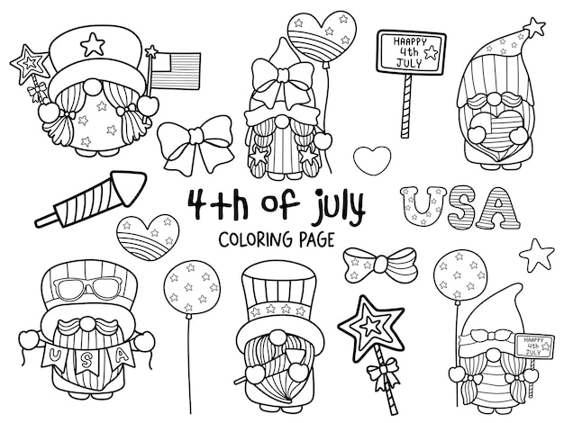 Happy 4th of July with Gnome  Coloring Page