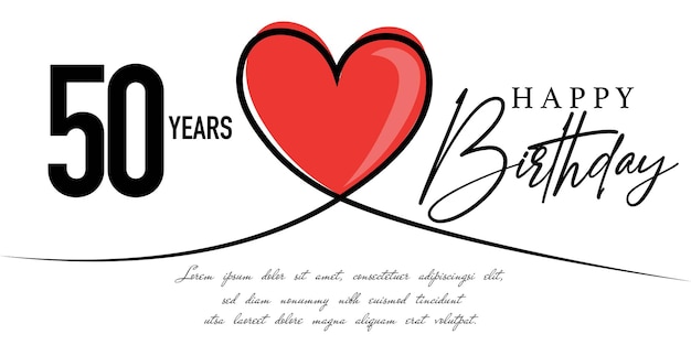 Happy 50th birthday card vector template with lovely heart shape.