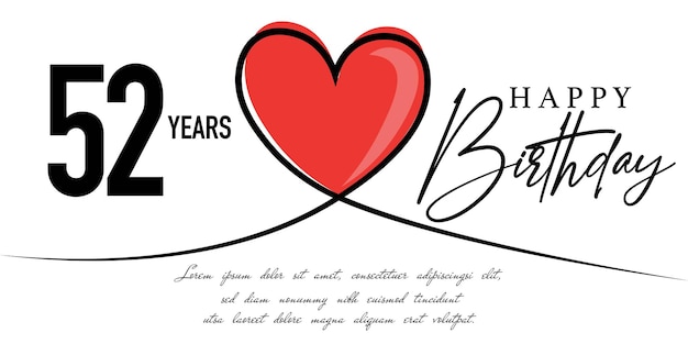 Happy 52nd  birthday card vector template with lovely heart shape.