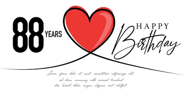 Happy 88th birthday card vector template with lovely heart shape.