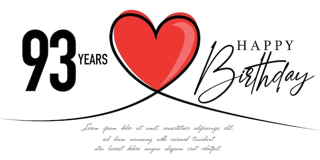 Happy 93rd  birthday card vector template with lovely heart shape.