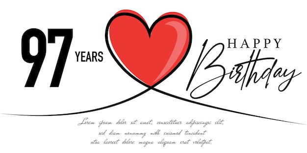 Happy 97th birthday card vector template with lovely heart shape.