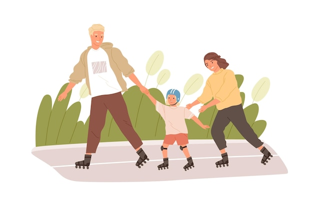 Happy active family roller skating in park together. Kid learning to rollerblade with help of mother and father. Summer sports activity. Colored flat vector illustration isolated on white background.