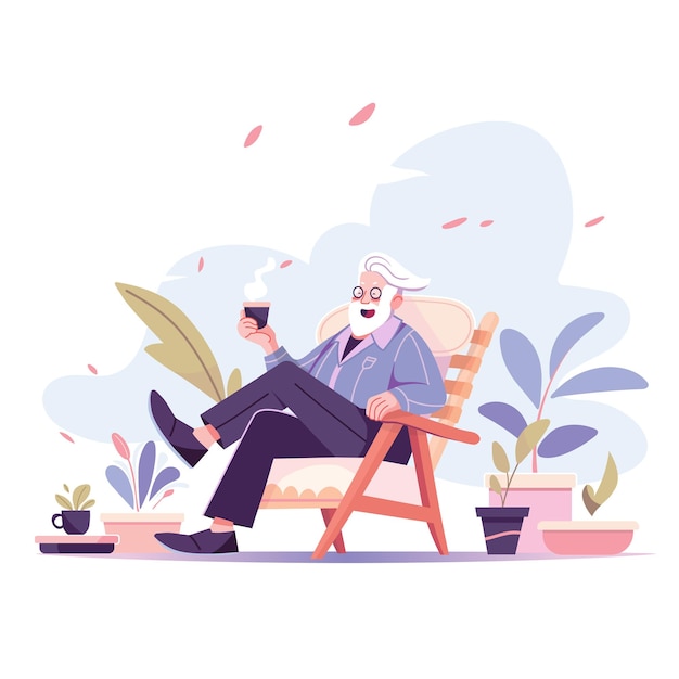 Vector happy active old man with white beard sitting in chair and drinking coffee