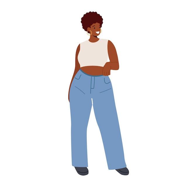 Happy African American Curvy Girl Plus Size Woman Dressed in Jeans and Short Slinky Top Attractive Overweight Lady Female Character Body Positive Love Your Body Cartoon People Vector Illustration