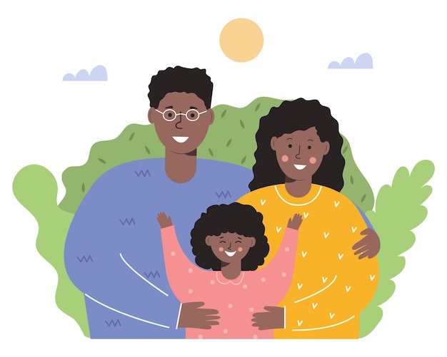 Happy African American family Father mother and daughter Flat modern illustration