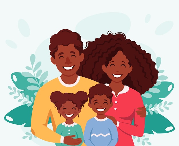 Happy african american family with son and daughter Parents hugging children