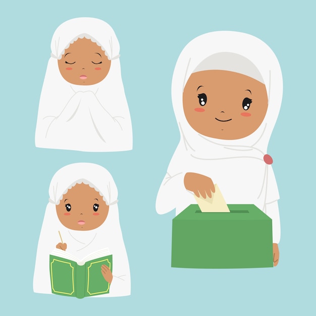 Happy African American Muslim girl reading quran, praying and giving sadaqah or charity