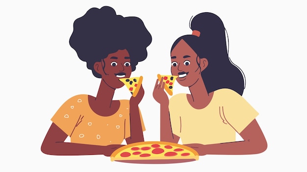 Vector happy african american woman enjoying pizza