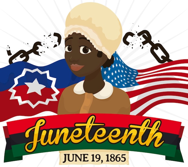 Happy African American woman over flags celebrating slavery abolishment during Juneteenth