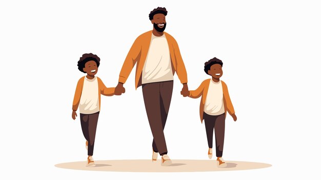 Happy Afro Father with Sons Characters in the Field Flat Vector Illustration