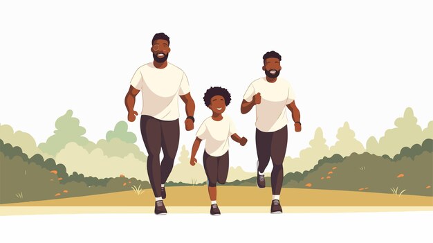 Happy Afro Father with Sons Characters in the Field Flat Vector Illustration