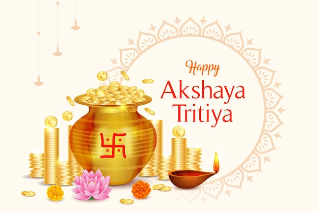 Happy Akshaya Tritiya Festival Gold coin in Kalash Background