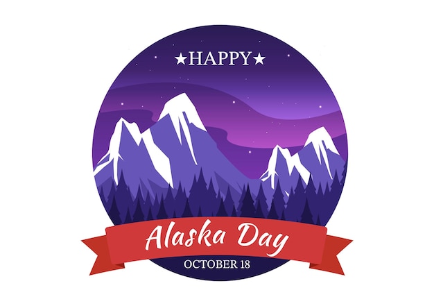 Happy Alaska Day on October 18 Hand Drawn Cartoon Illustration with Flag Waving in Winter Landscape