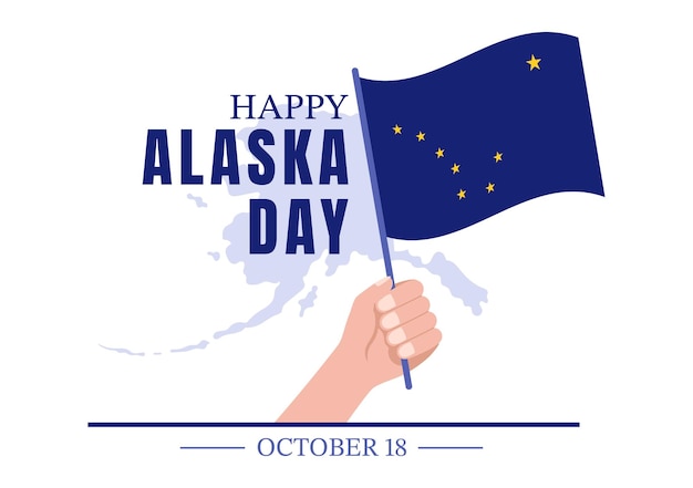 Happy Alaska Day on October 18 Hand Drawn Cartoon Illustration with Flag Waving in Winter Landscape