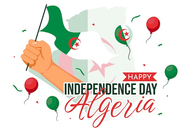 Vector happy algeria independence day vector illustration with waving flag and map in national holiday