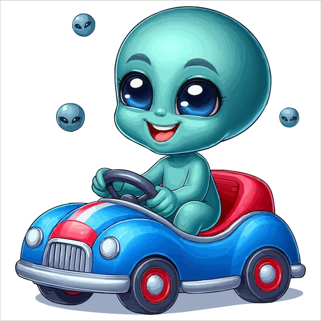 A Happy Alien Girl is sitting on a toy car cartoon character vector illustration isolated on white b