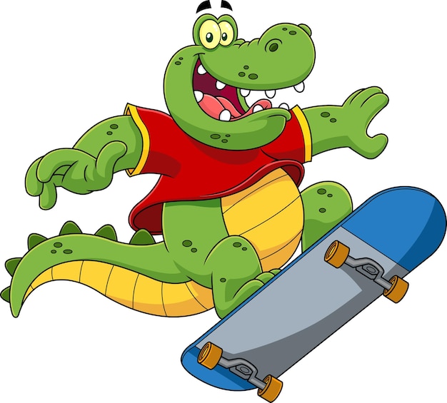 Happy Alligator Or Crocodile Cartoon Character Jumping With Skateboard