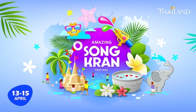 Happy Amazing Songkran festival Thailand vector on blue banner background illustration