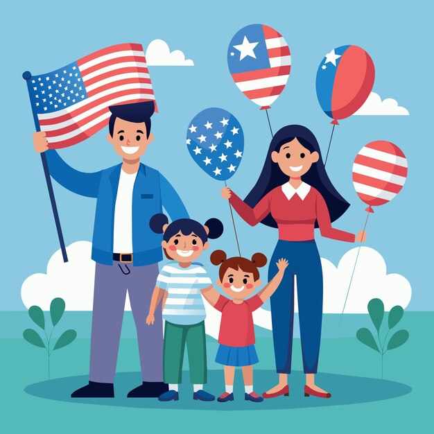 happy american miniature figure family holding balloons with United State national flag in the back