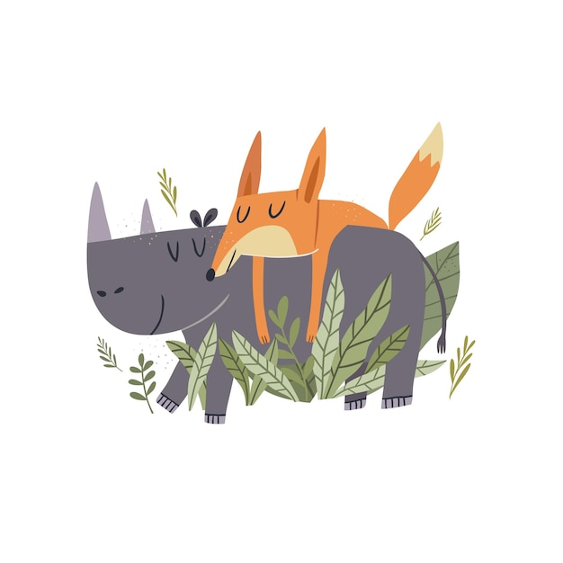 Happy animal fox and rhino